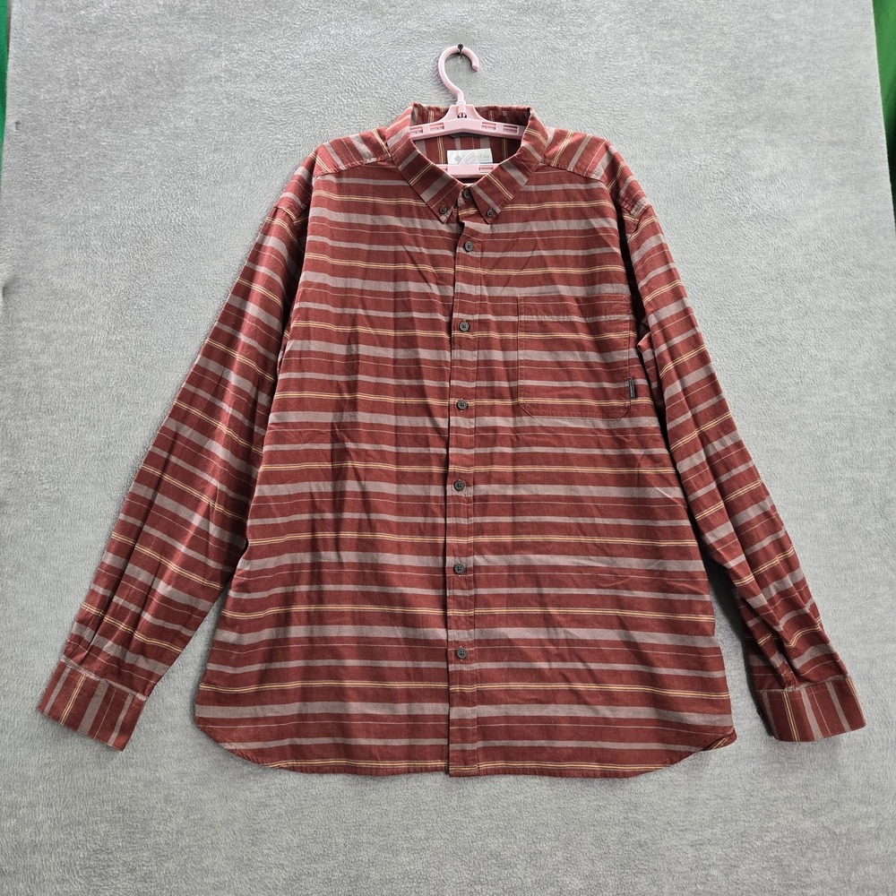 Columbia Men Button Up Shirt 2XL Red Striped Long Sleeve Cotton